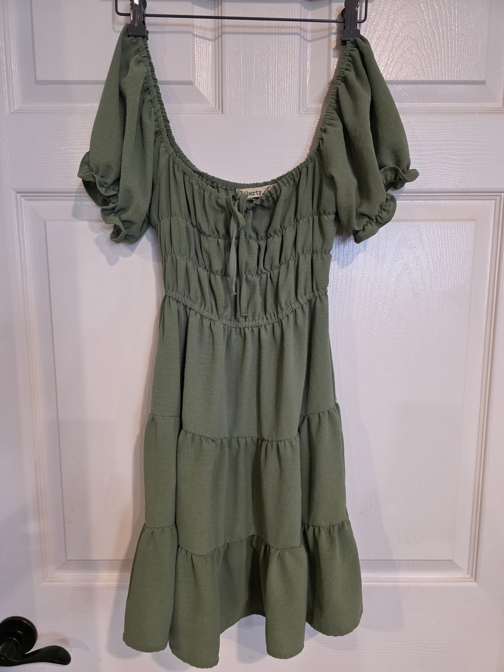 Liberty Love Olive Green Tiered Dress with Tie Neck